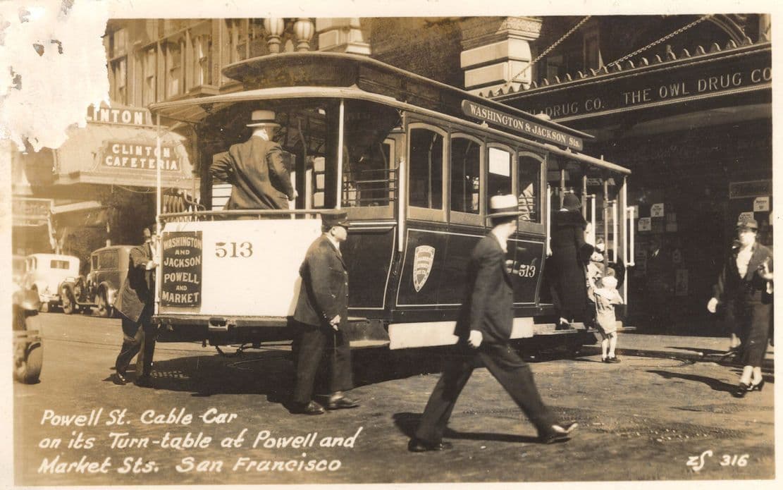 Cable Car On Turntable Powell and Market Streets by Clinton Cafe USA RPC Old Postcard