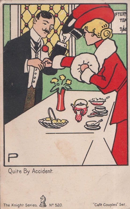 Cafe Couples Quite By Accident Romantic Meeting Holding Hands Old Comic Postcard
