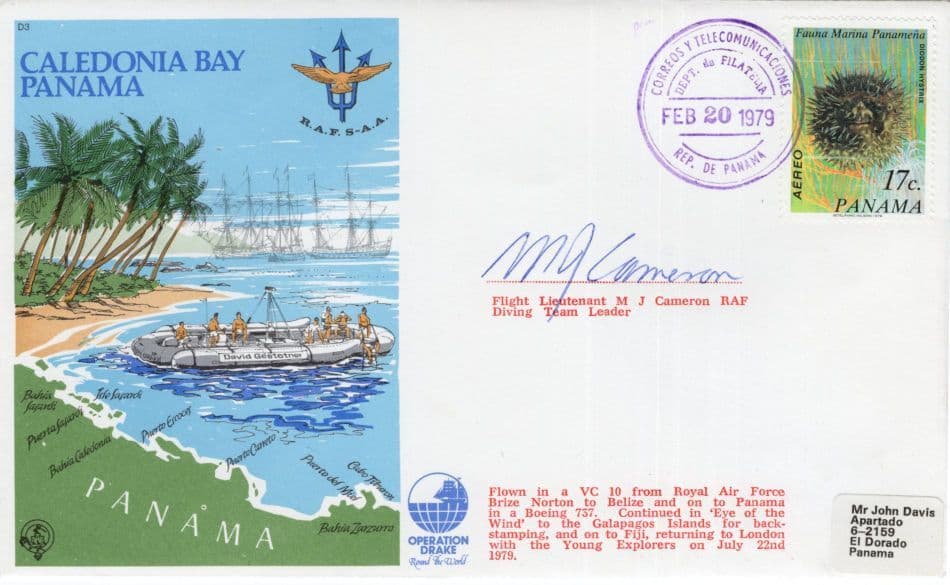 Caledonia Bay Panama Lt MC Cameron Military Diver RAF Hand Signed FDC