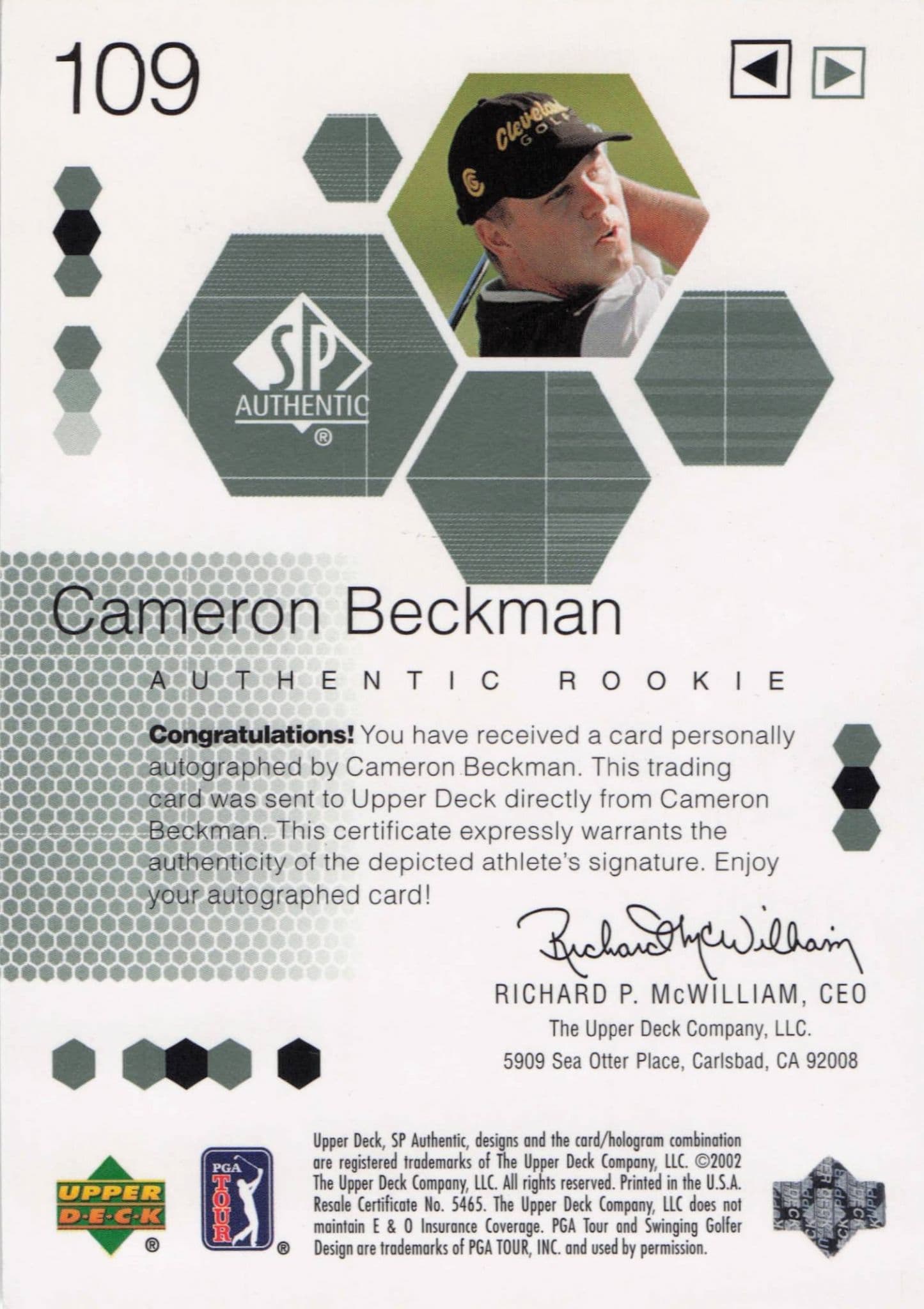 Cameron Beckman Authentic Rookie 2002 Golf SP Hand Signed Autograph Card