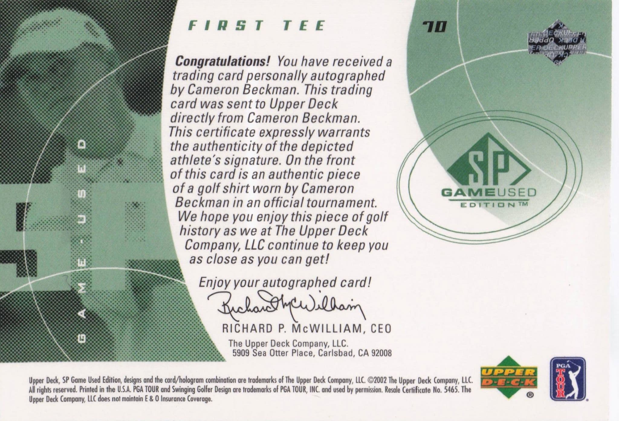 Cameron Beckman First Tee 2002 Golf Upper Deck Hand Signed Worn Shirt Card