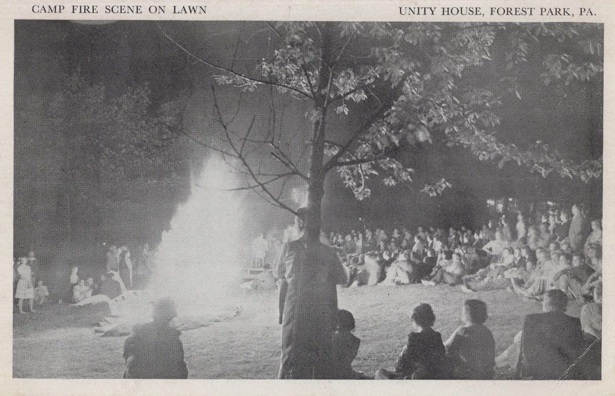 Camp Fire Scene On Lawn Unity House Forest Park PA USA Postcard