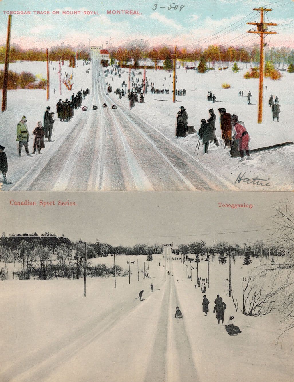Canadian Winter Sports Series Tobogganing 2x Old Postcard s