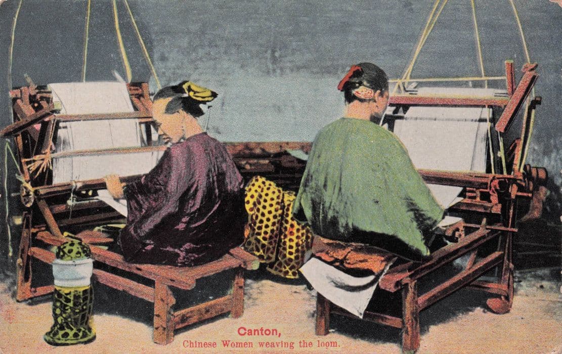 Canton Chinese Women Weaving The Loom China Crafts Antique Postcard