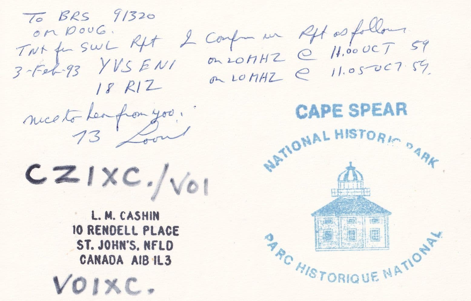Cape Spear Canada QSL Radio Card