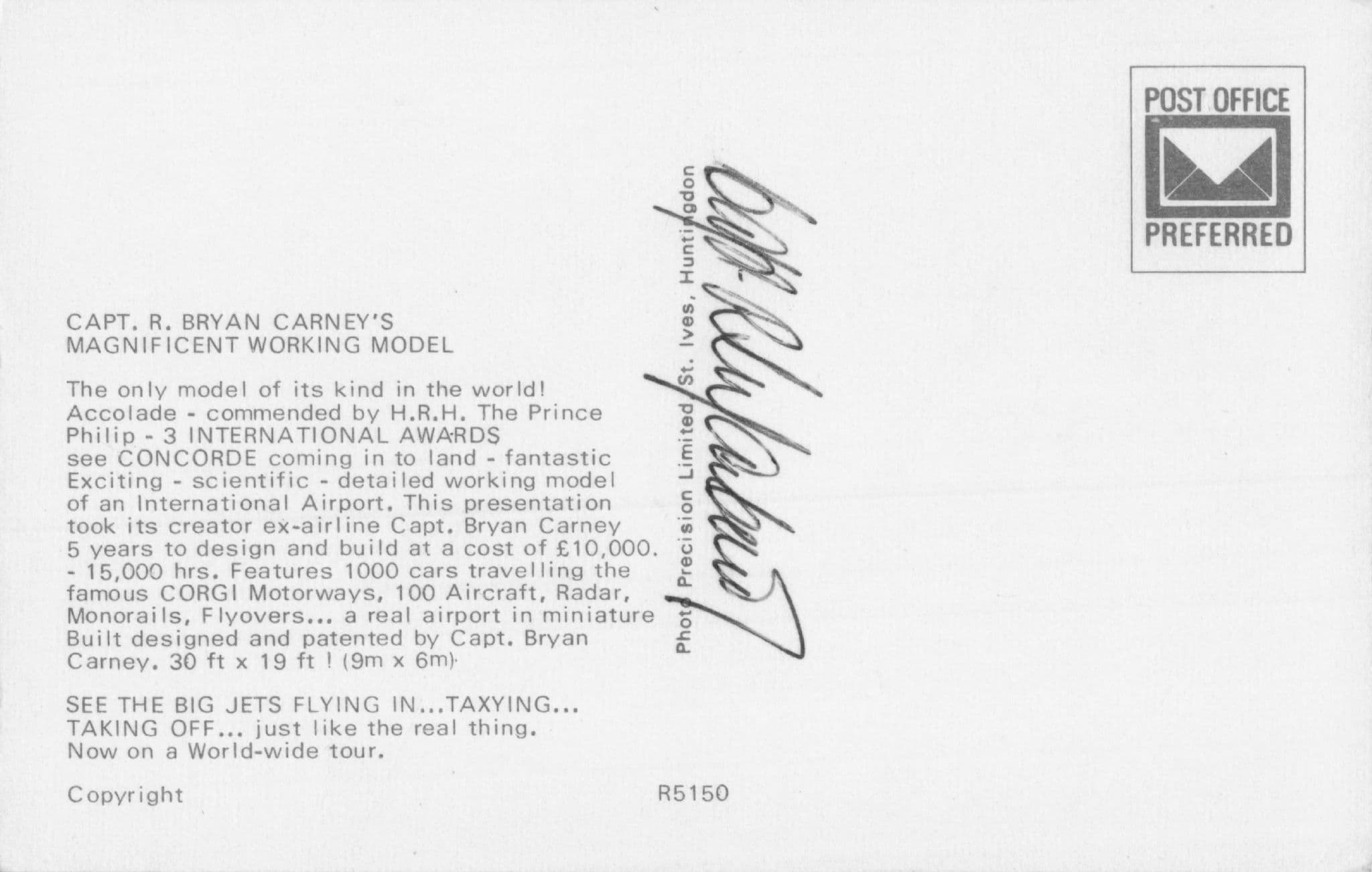 Captain Bryan Carney International Model Airport Hand Signed Postcard