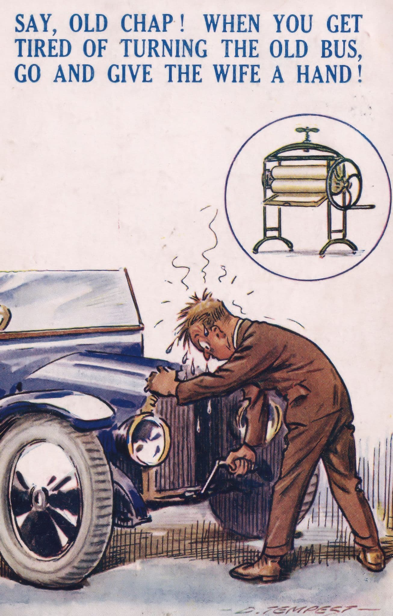 Car Mechanic Old Gas Pipe Repair Give The Wife A Hand !! Comic Postcard