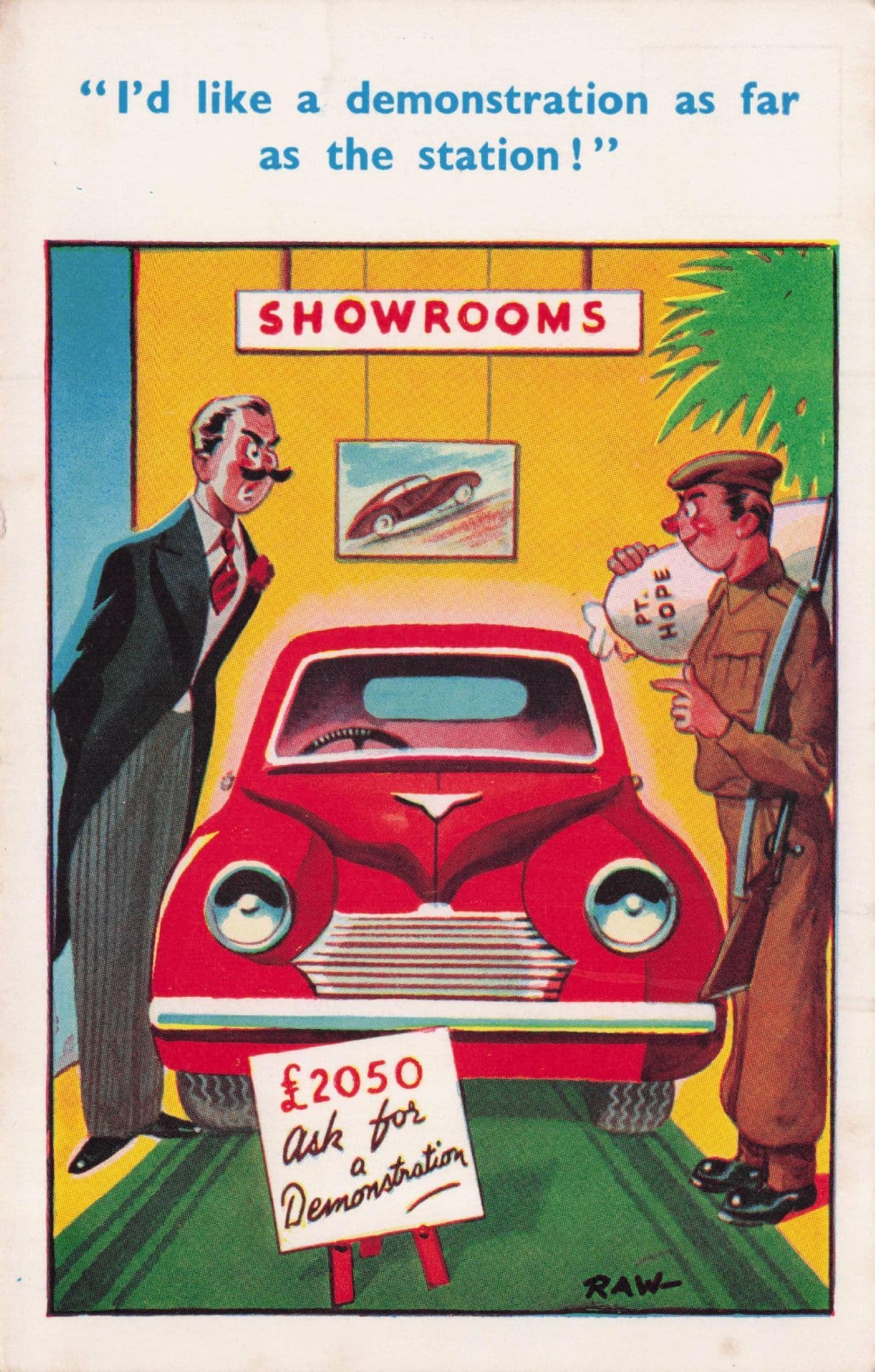 Car Showroom Dealers For Sale Station Salesman Old Comic Postcard