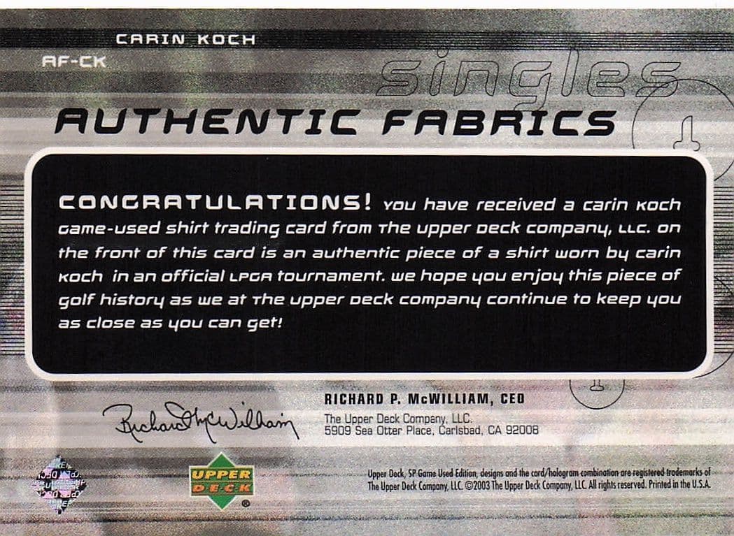 Carin Koch Authentic Fabrics Singles 2003 Golf Upper Deck Worn Shirt Card