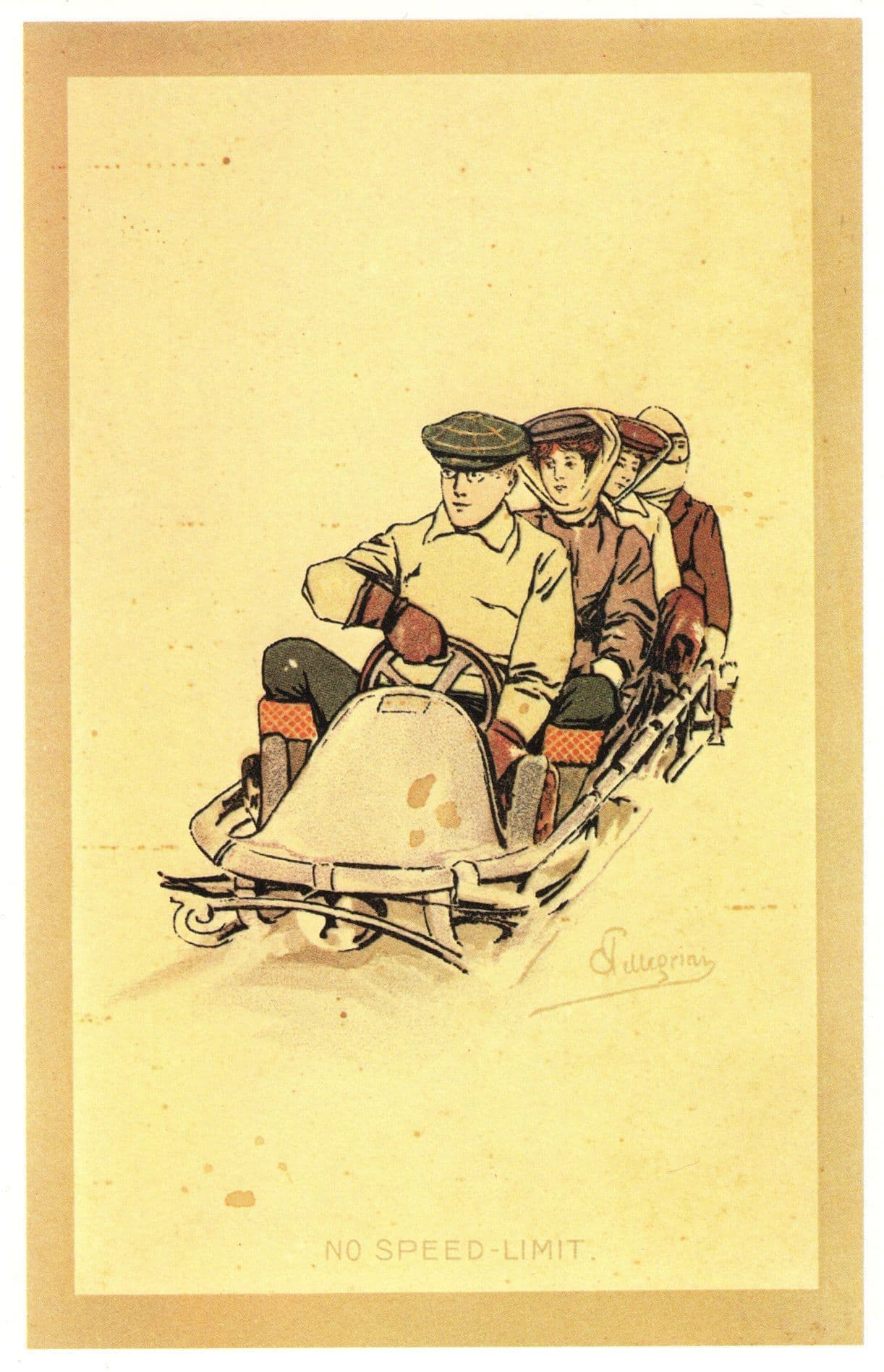 Carlo Pellegrini Sleighing No Speed Limit Switzerland Lithograph Postcard