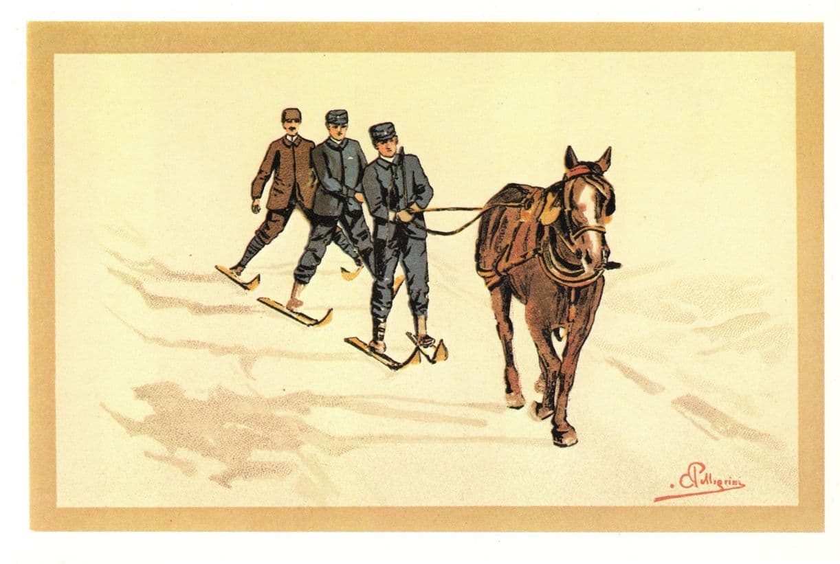 Carlo Pellegrini Switzerland Skiing Towed By Horses Lithograph Postcard
