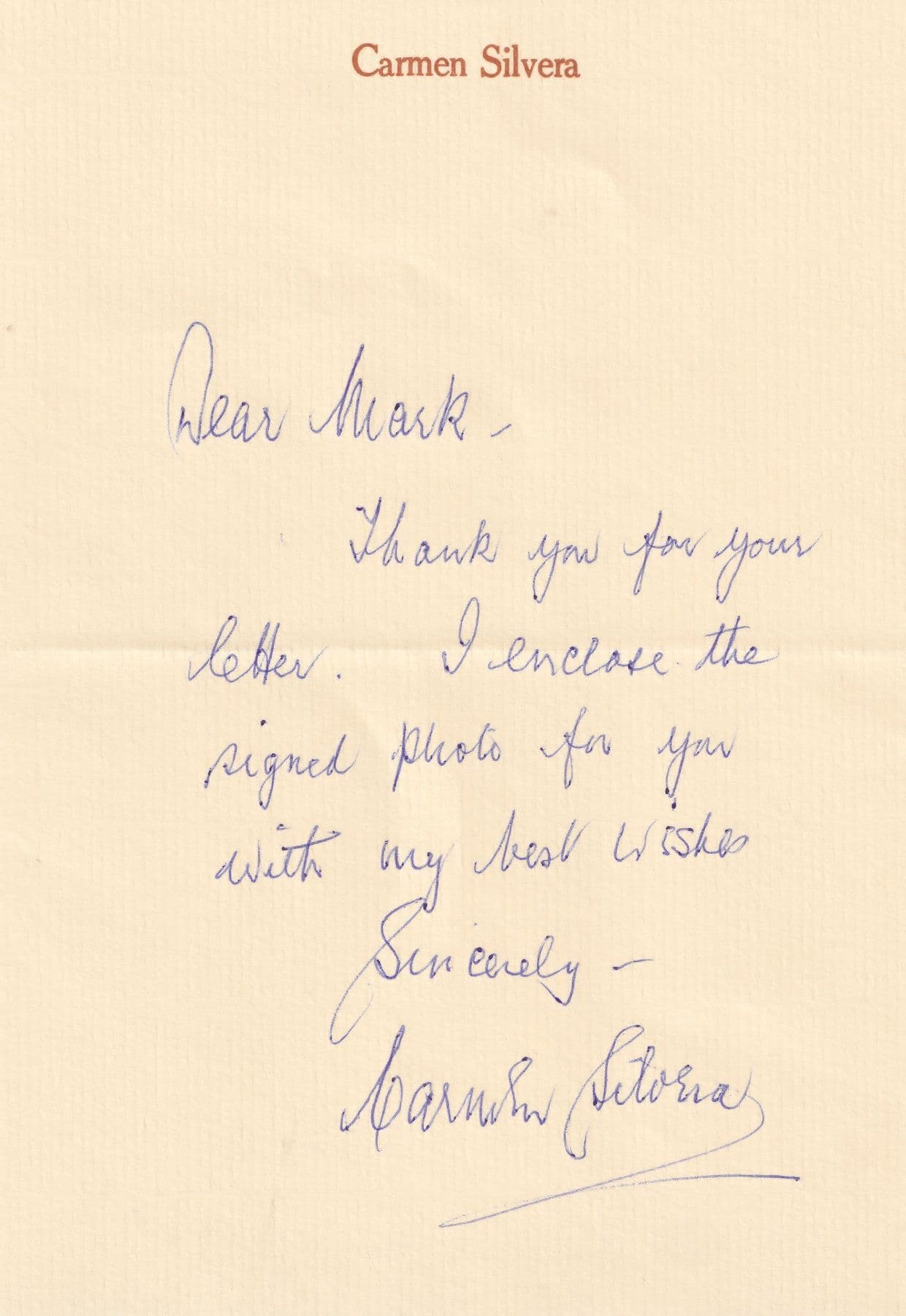 Carmen Silvera Allo Allo Fully Hand Written Signed Letter Headed Paper