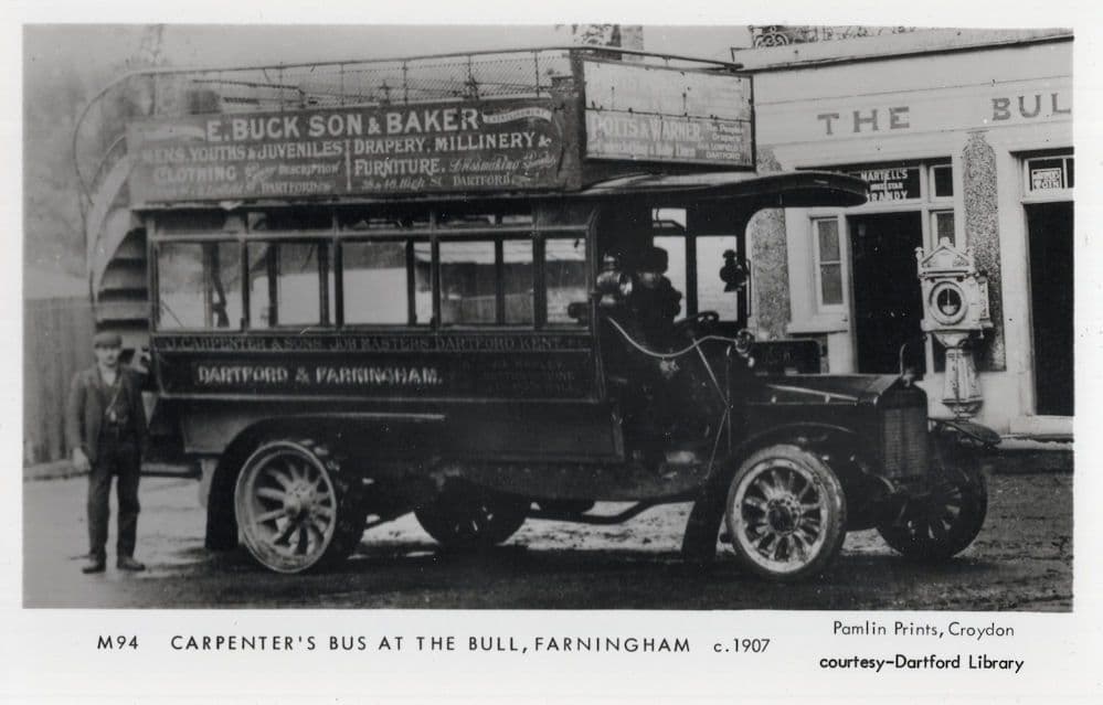 Carpenter 's Bus at the Bull Pub Farningham 1907 Photo Postcard