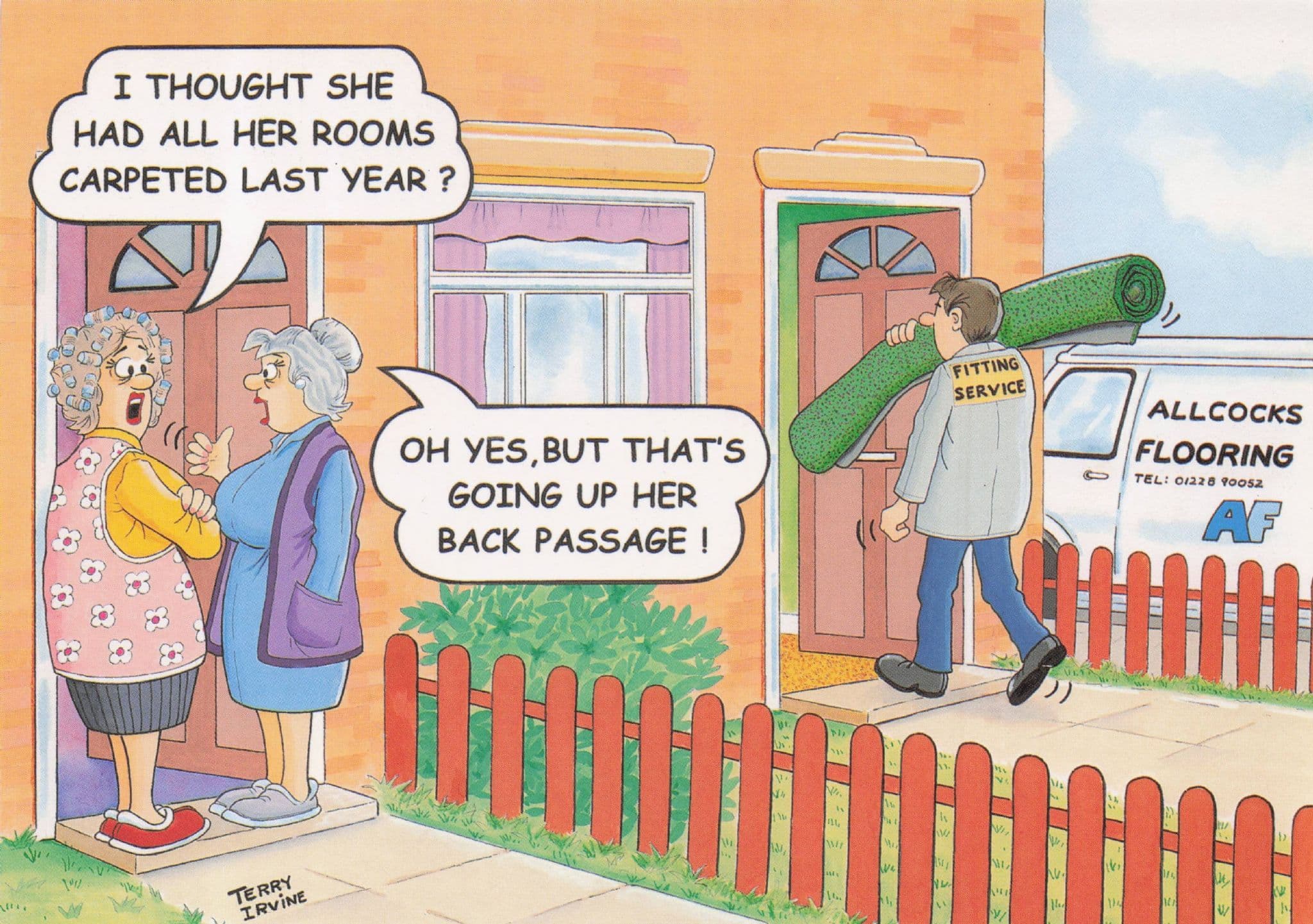 Carpet Fitter Back Passage Door Entrance Lady Customer Comic Postcard