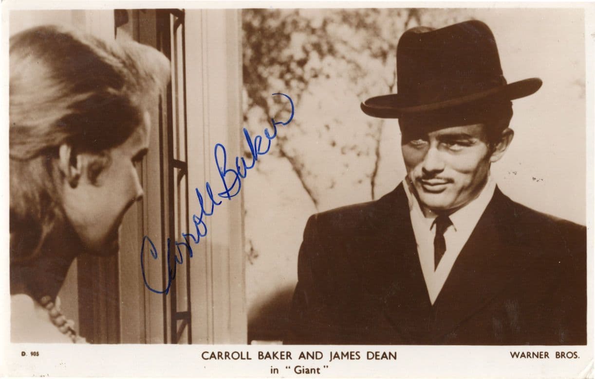 Carroll Baker & James Dean in Giant Film Antique Hand Signed Photo Card Autograph