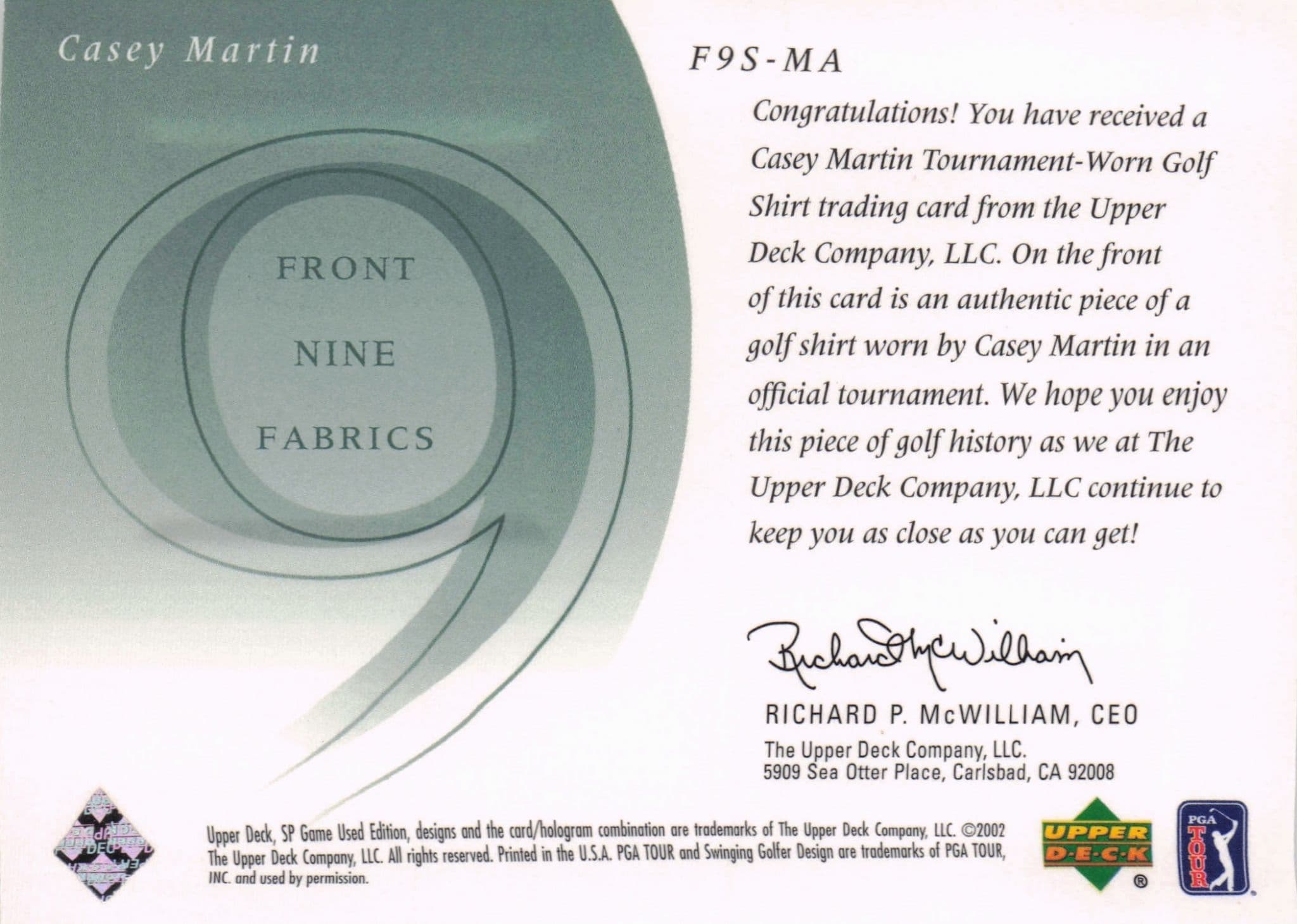 Casey Martin Front 9 Fabric 2002 Upper Deck Authentic Shirt Card