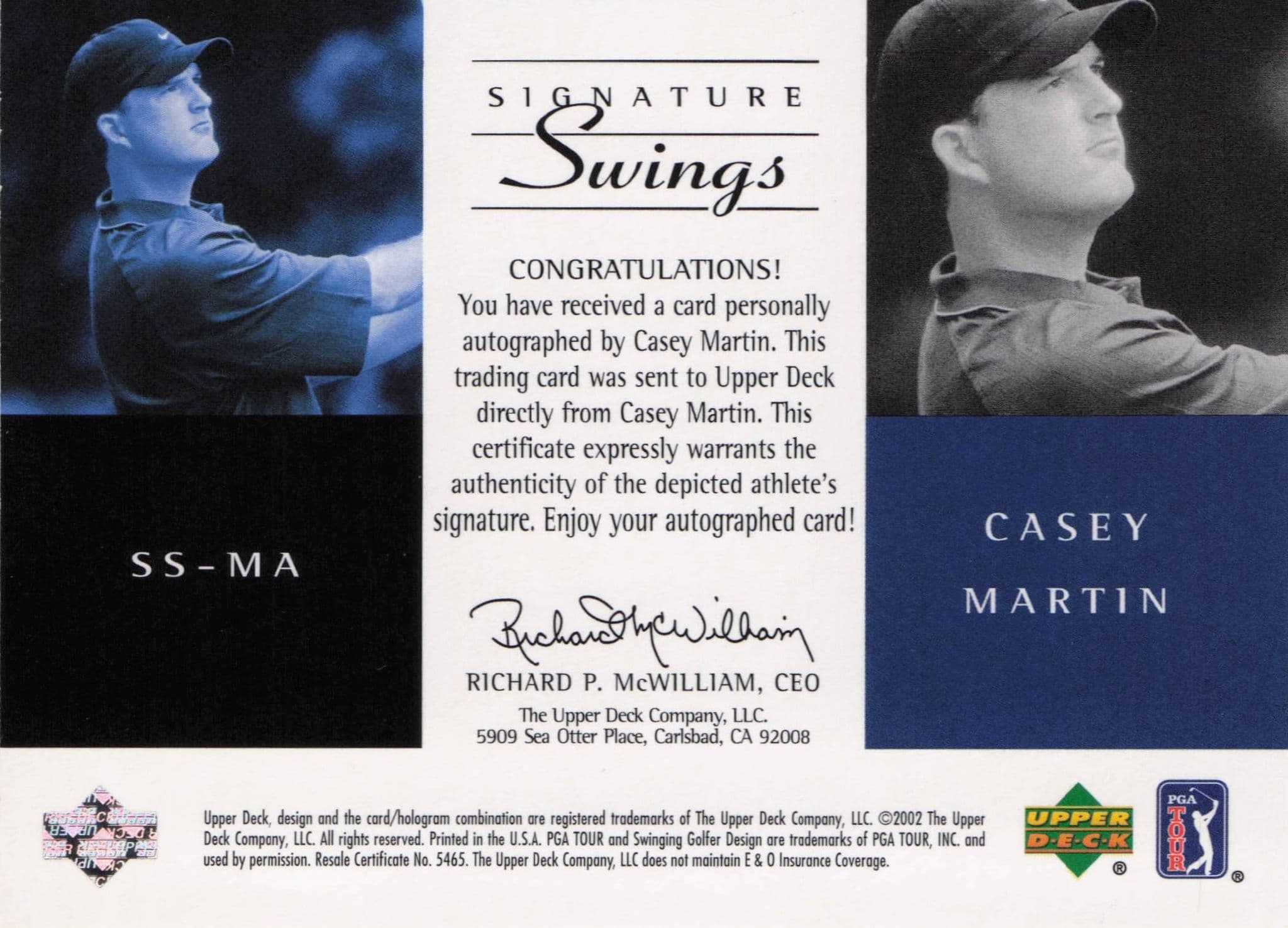 Casey Martin Signature Swings Hand Signed 2002 SP Golf Autograph Card