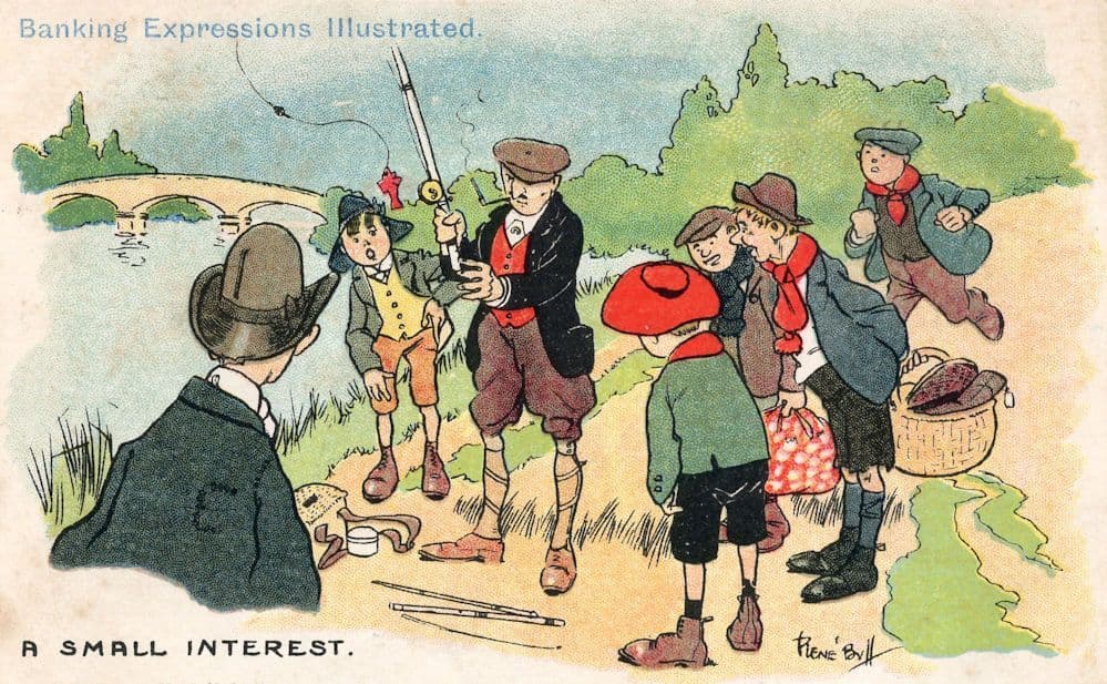 Casting A Rod Fishing Antique Banking Comic Old Postcard