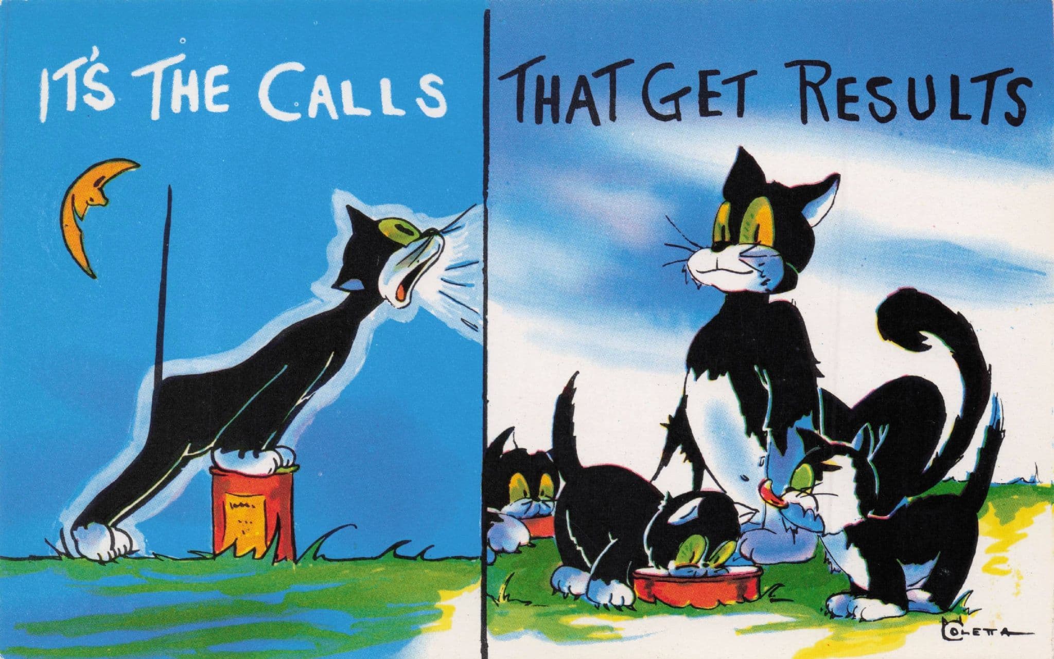 Cat Meowing Calls Get Fed Results Cats Comic 1970s Postcard
