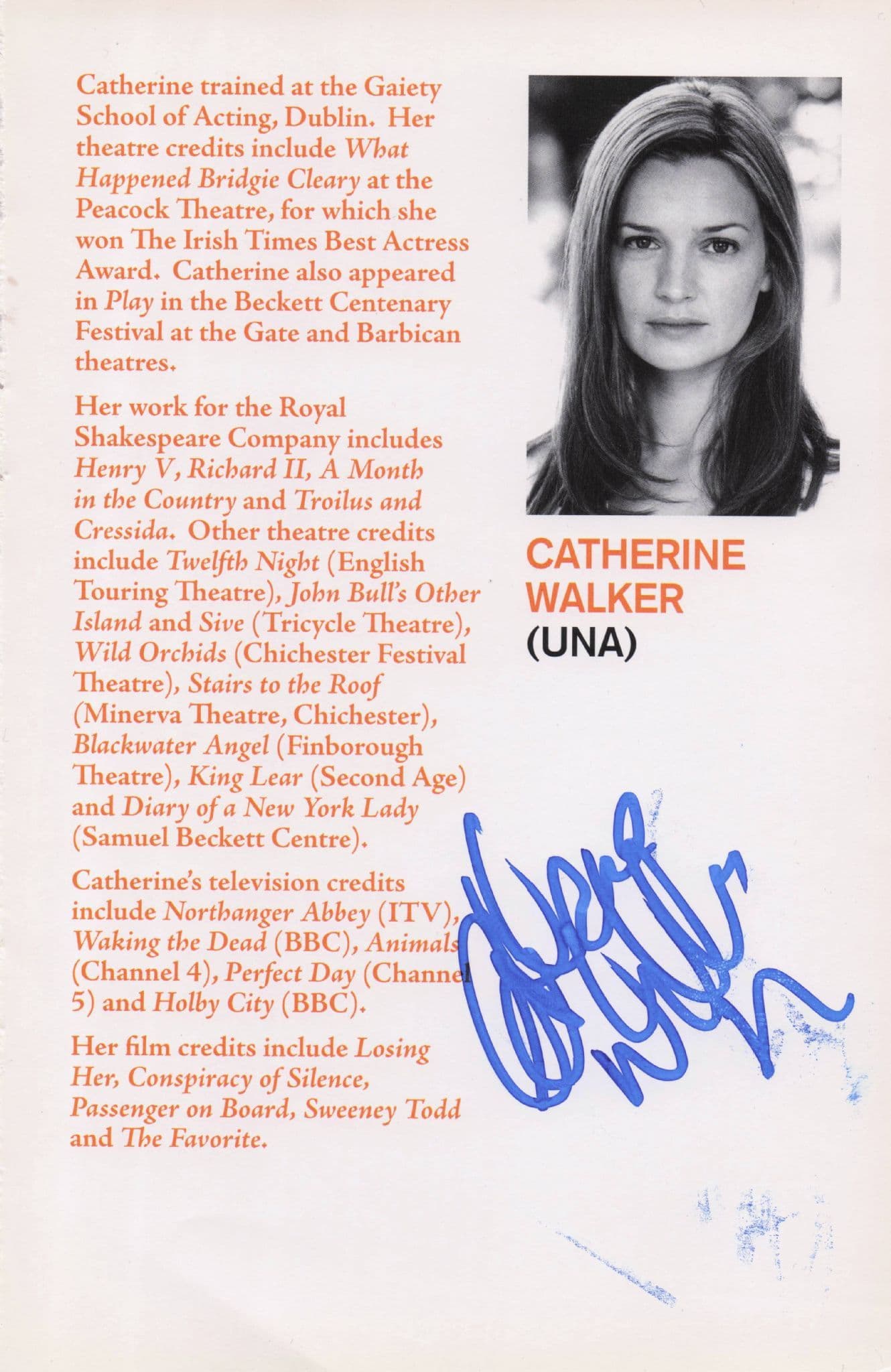 Catherine Walker in Blackbird Hand Signed Photo Theatre Page
