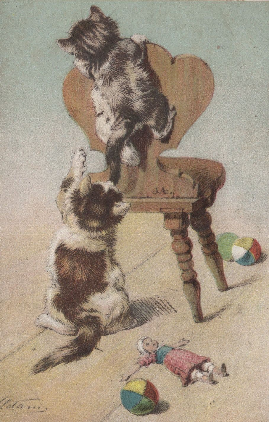 Cats On Climbing Frame Above Dead Toy Doll Old Cat Postcard