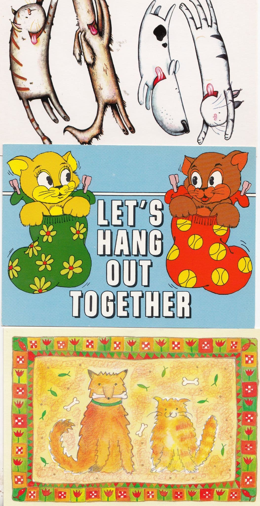 Cats Socks On Washing Line Eating Dog Bones 3x Comic Postcard s