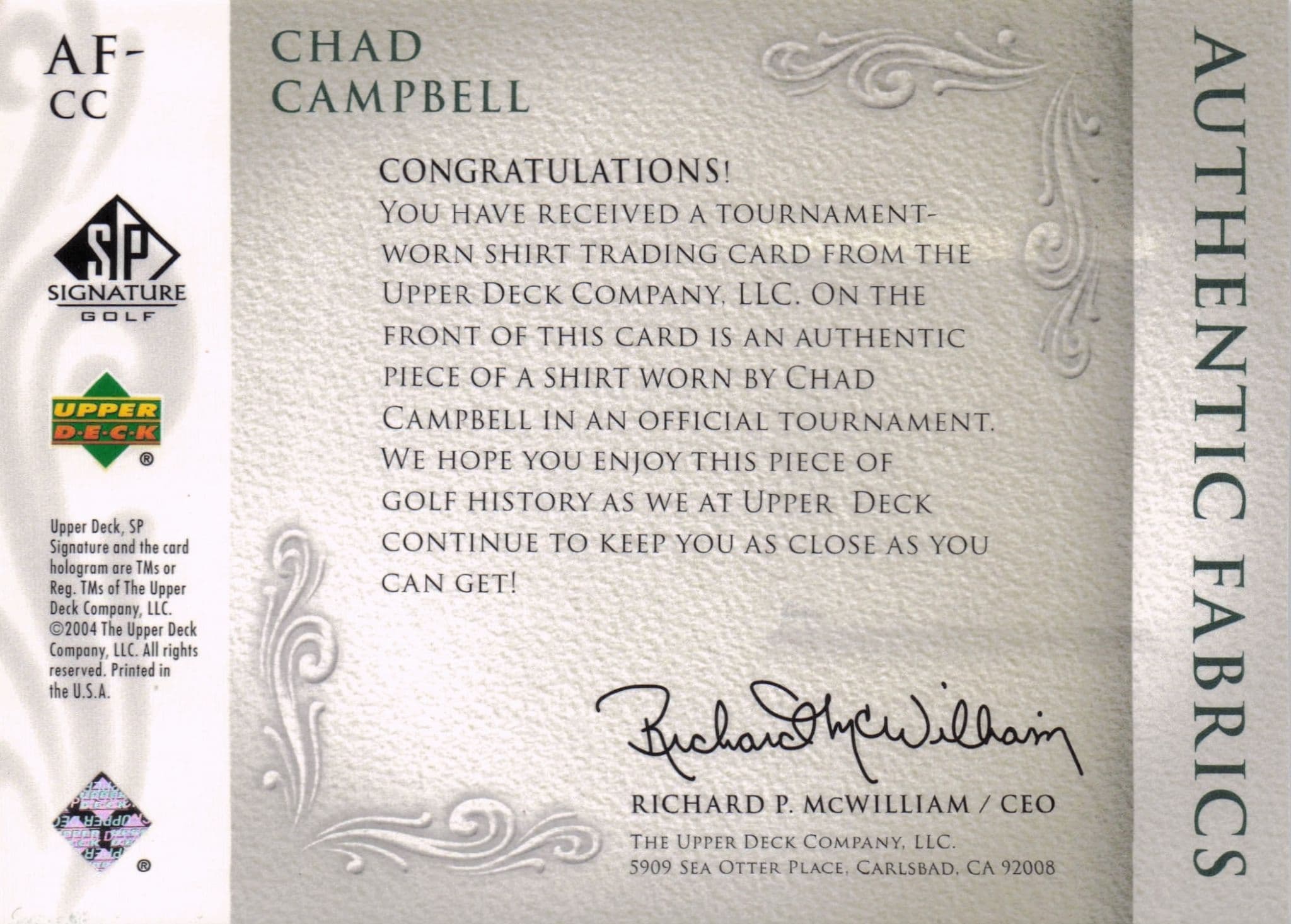 Chad Campbell Authentic Fabrics 2004 Upper Deck Real Golf Shirt Card