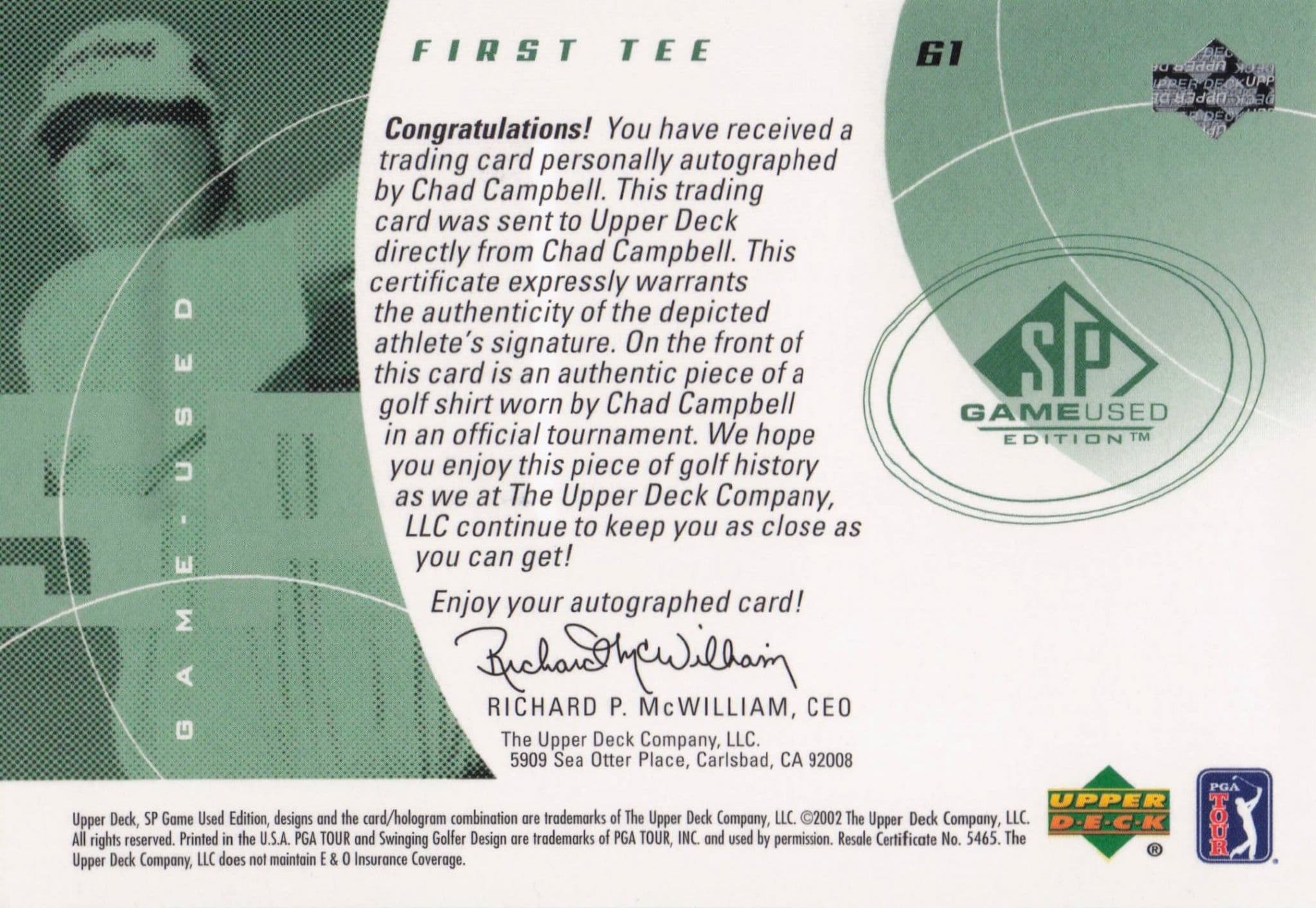 Chad Campbell First Tee SP 2002 Golf Hand Signed Worn PGA Shirt Card