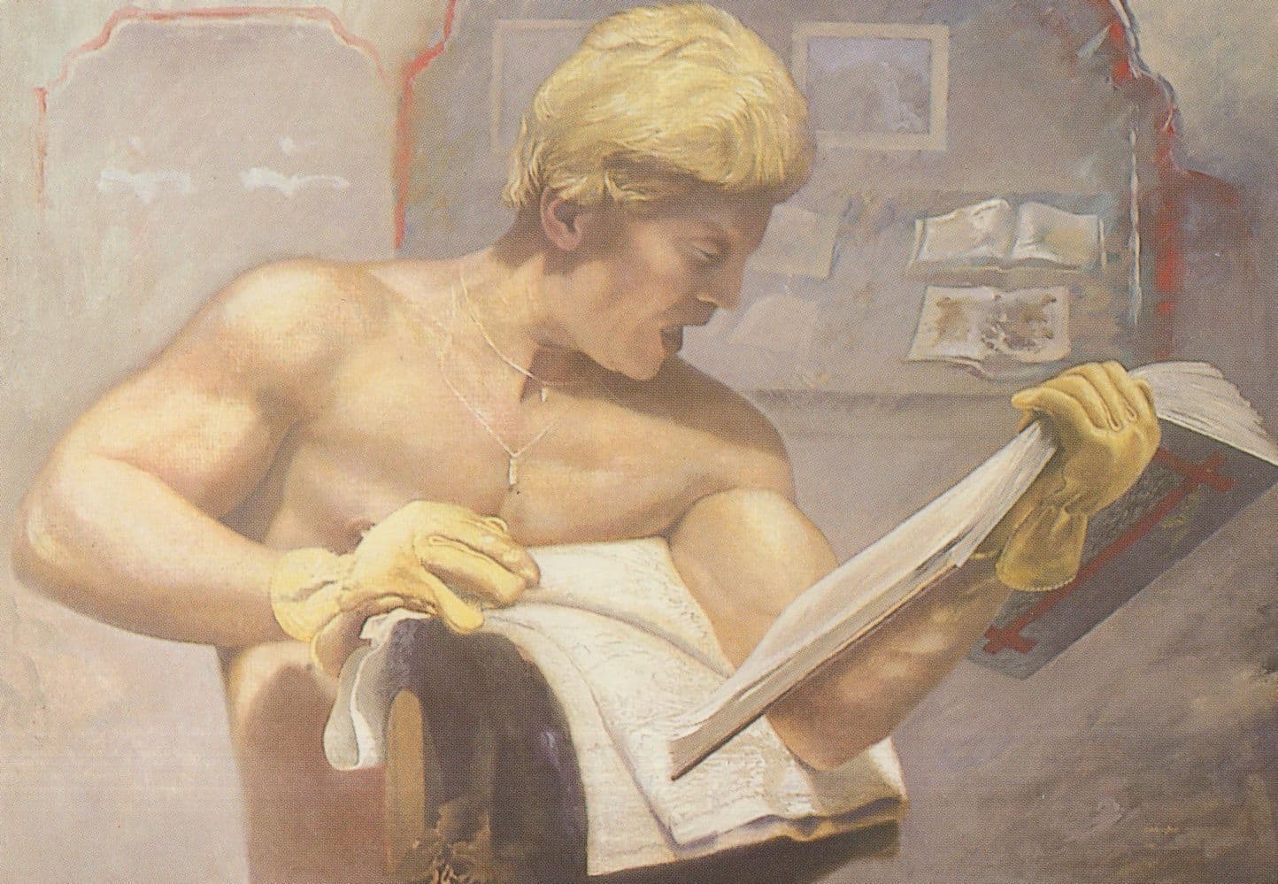 Charles Atlas Style Strongman Reading A Book Angry Painting Postcard