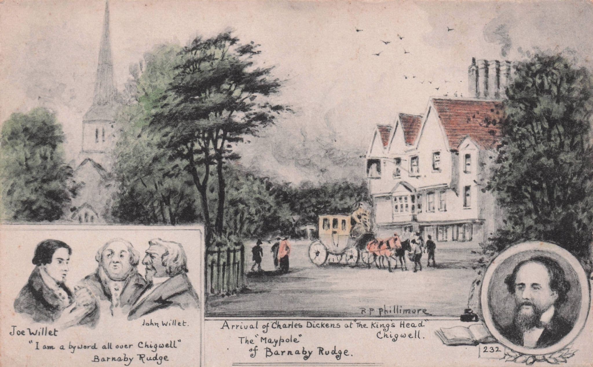 Charles Dickens Arrives at Kings Head Pub Inn Chigwell Phillimore Old Postcard