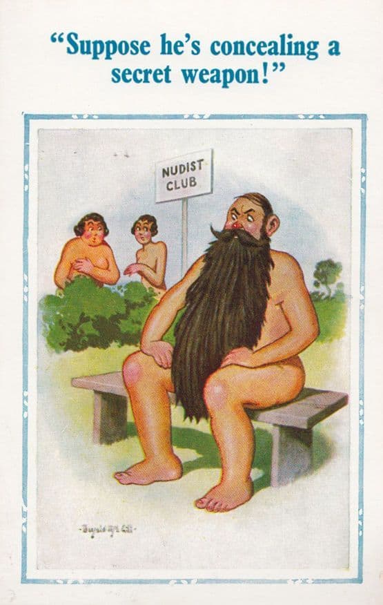 Charles Manson Type Hippy Beard Nudist Camp Risque 1970s Comic Humour Postcard