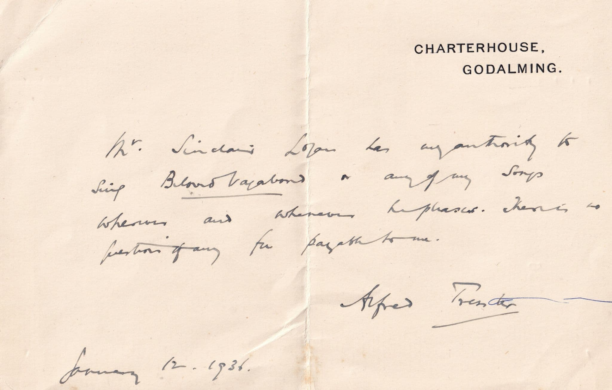 Charterhouse Godalming Surrey Blind Song Music Hand Signed Classical Composer Letter