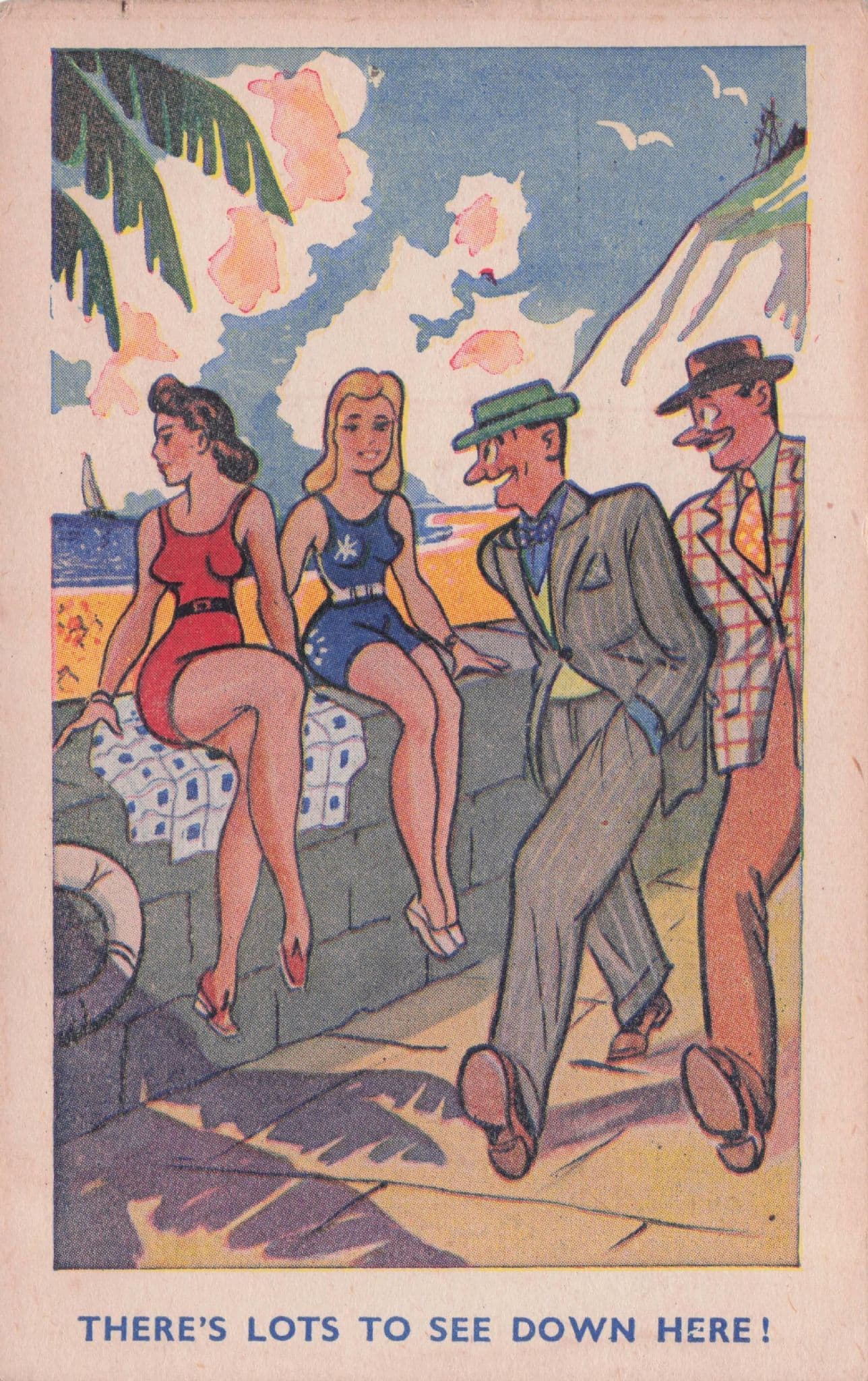 Cheely Grinning Dirty Old Men Promenade Sexy Woman Antique Comic Postcard
