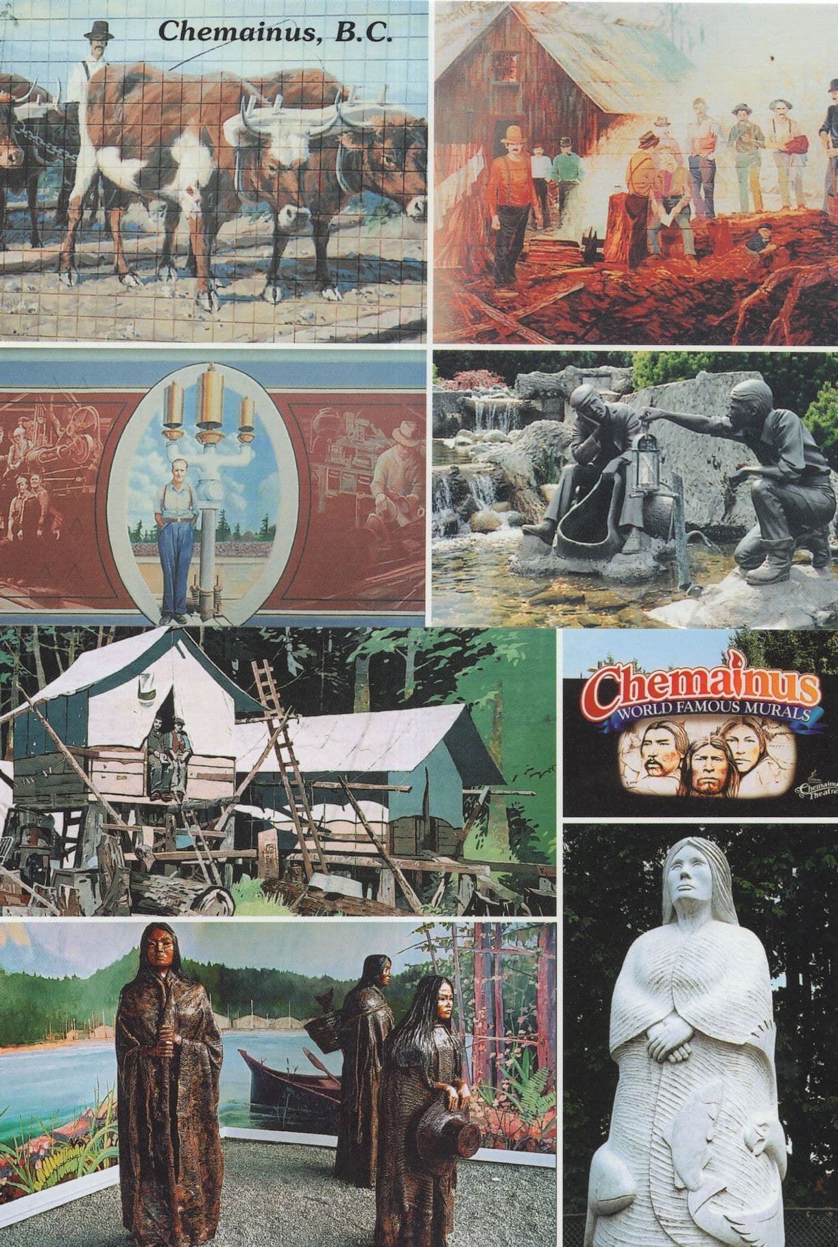 Chemainus BC Rodeo Bull Statue Red Indian Painting Mural 2x Postcard s