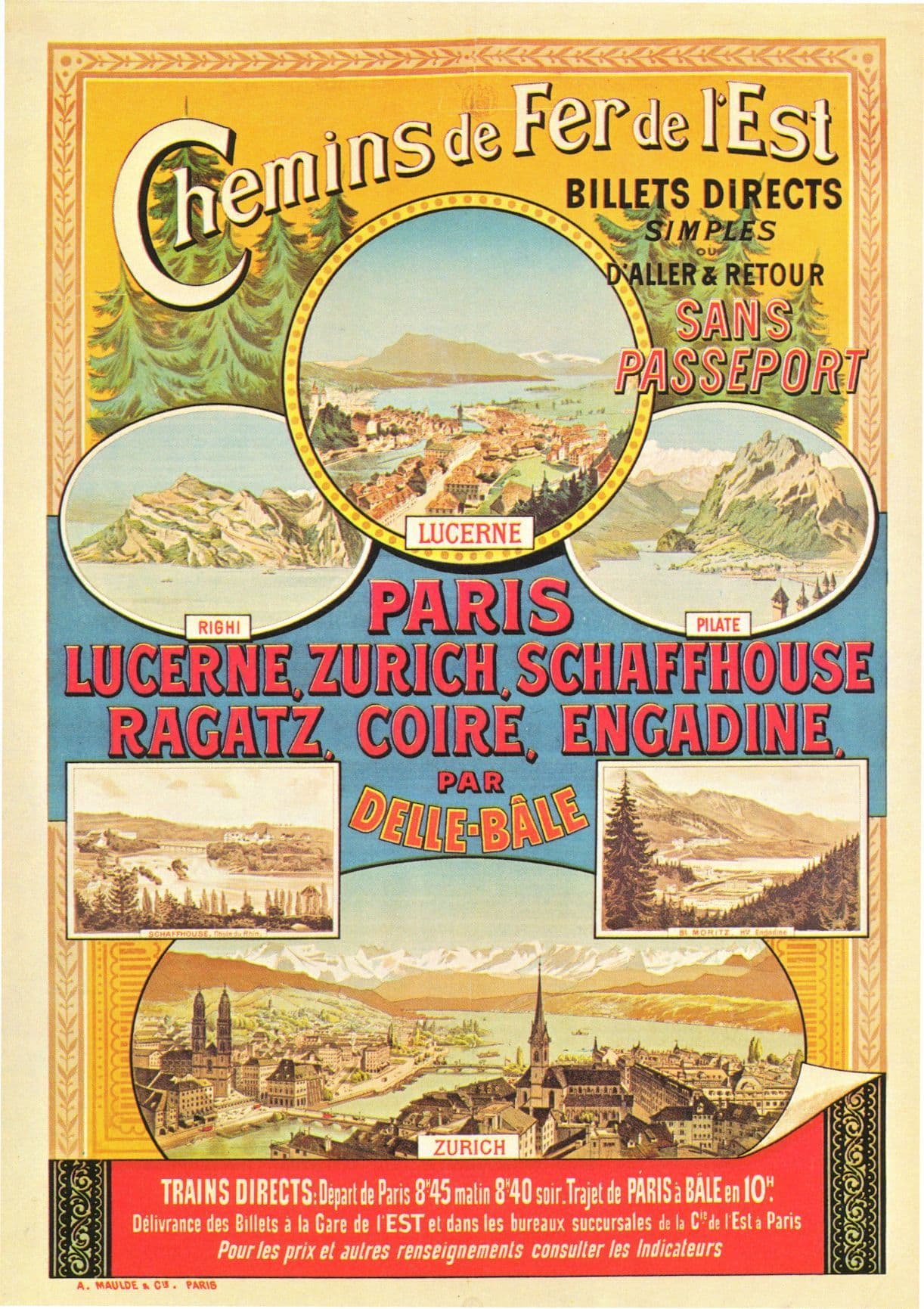 Chemins De Fer Billets Direct Train Paris Zurich Switzerland Poster Postcard