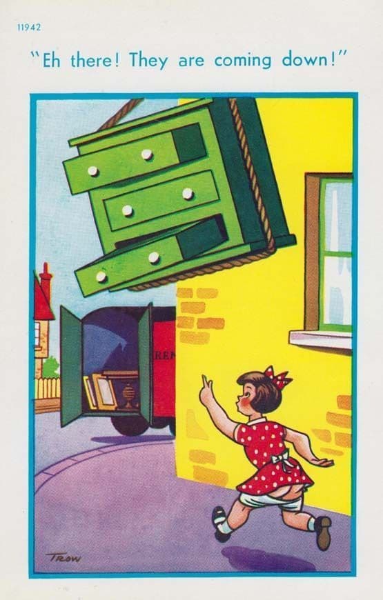 Chest Of Drawers Falling On Pavement Head Removal Van Car Comic Humour Postcard