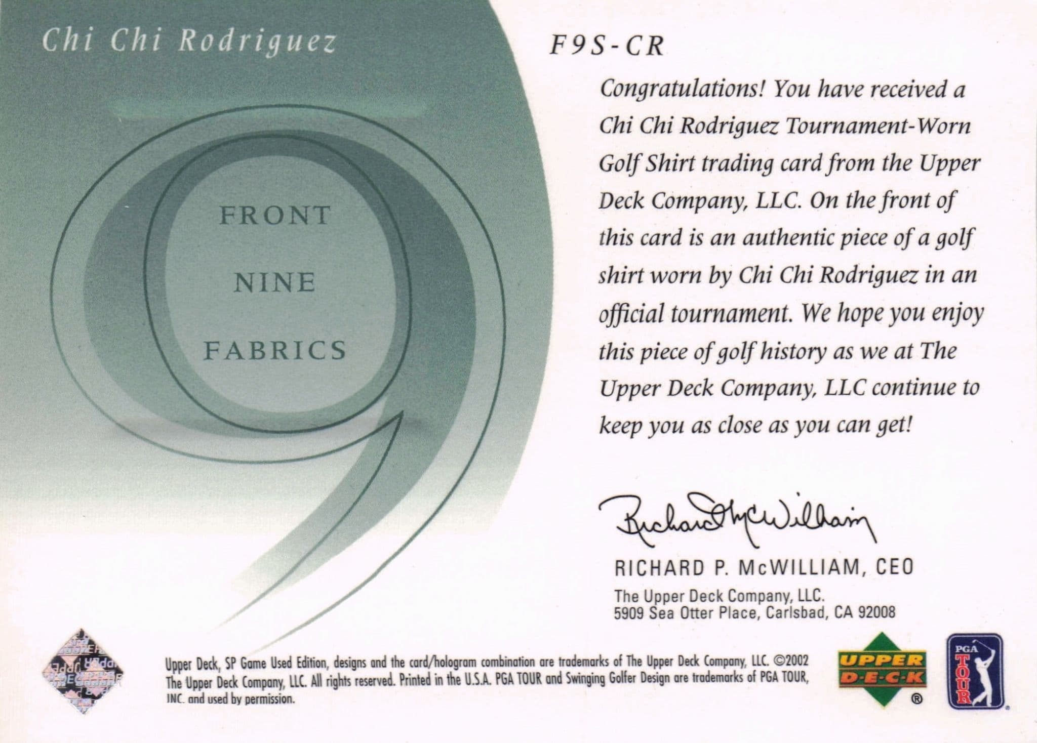 Chi Chi Rodriguez Front 9 Fabric 2002 Upper Deck Authentic Shirt Card