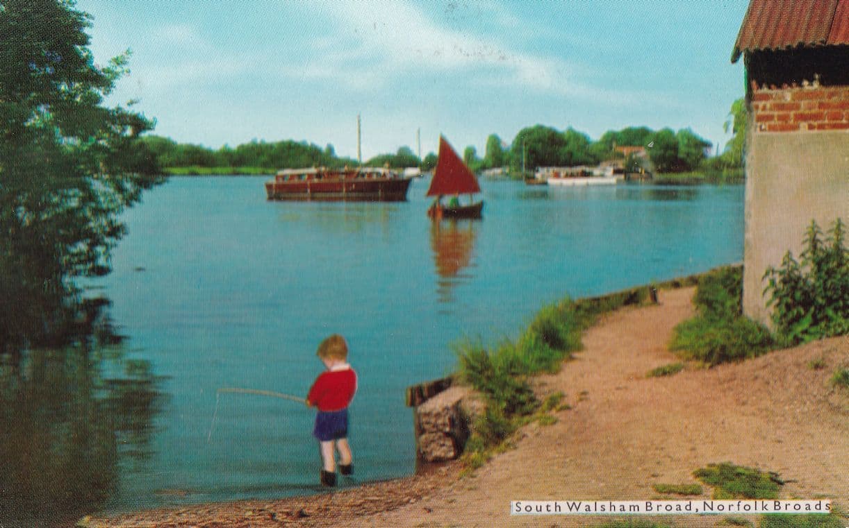 Child Boy Fishing on Norfolk Broads Comic 1960s Postcard