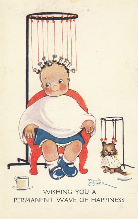 Child Getting Hair Permed Hair Rollers Hairdresser Cute Comic Old Postcard