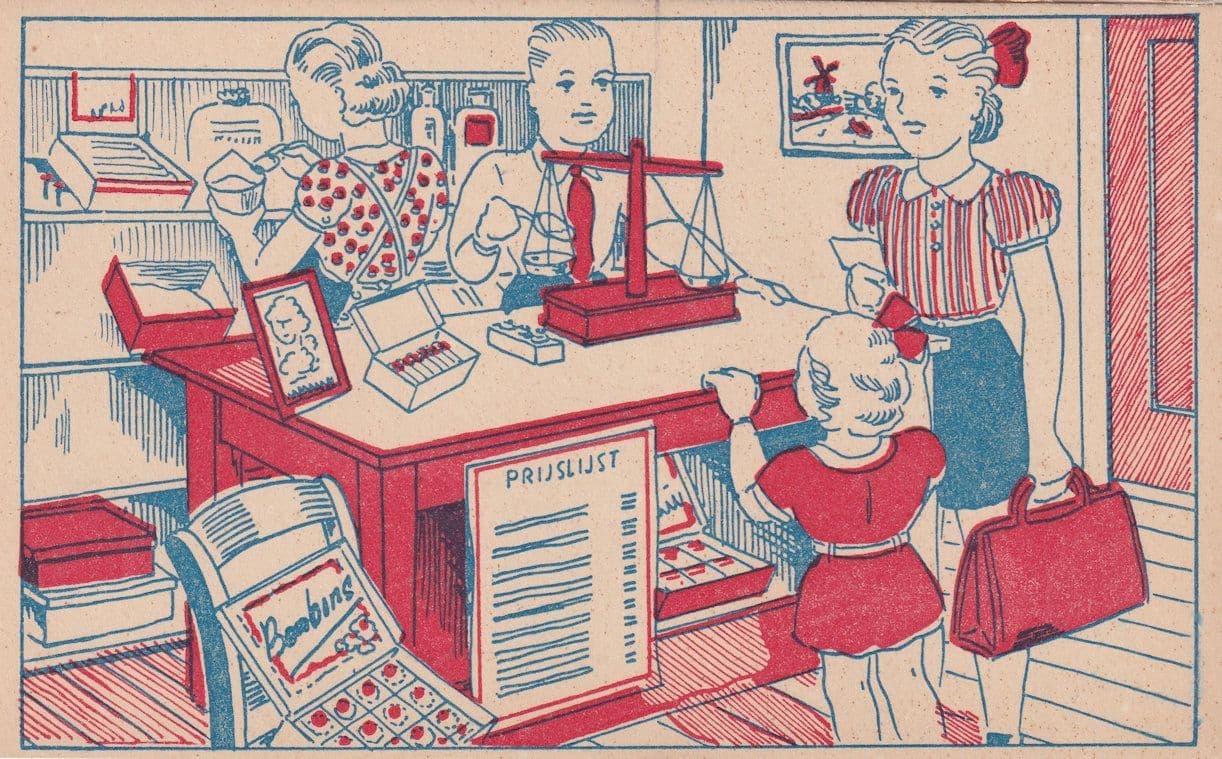Child in Dutch Sweet Shop Confectionary Scales Vintage Childrens Postcard
