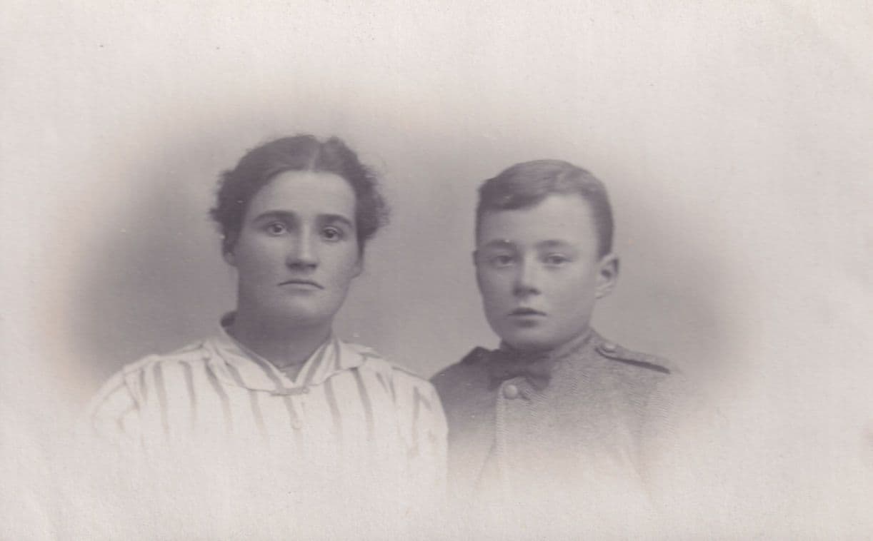 Child Military Soldier & Tomboy Sister Antique Portrait Postcard