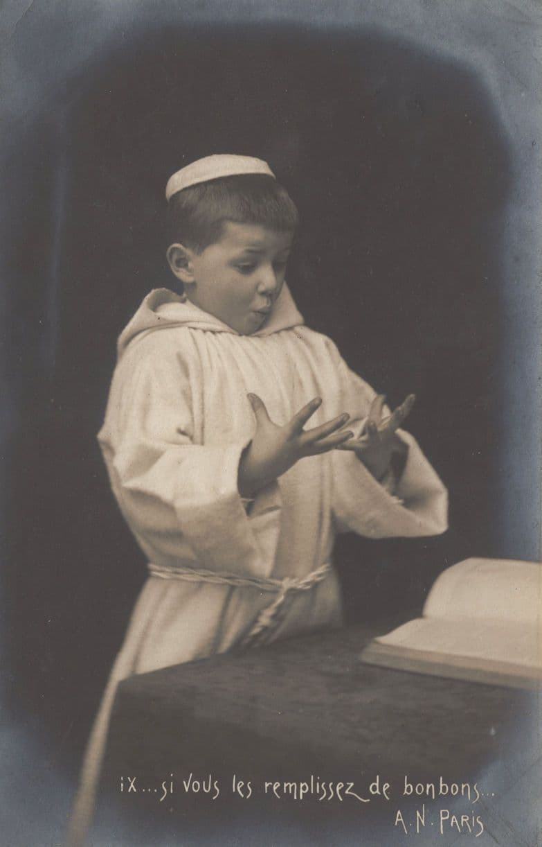 Child Monk Praying For Bonbons Sweets Old French Postcard