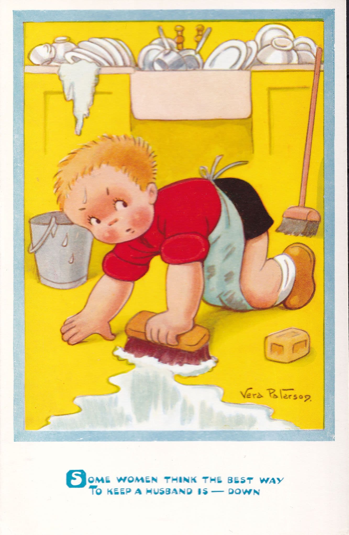 Child Scrubbing Floor Broom Bucket Of Water Comic Postcard