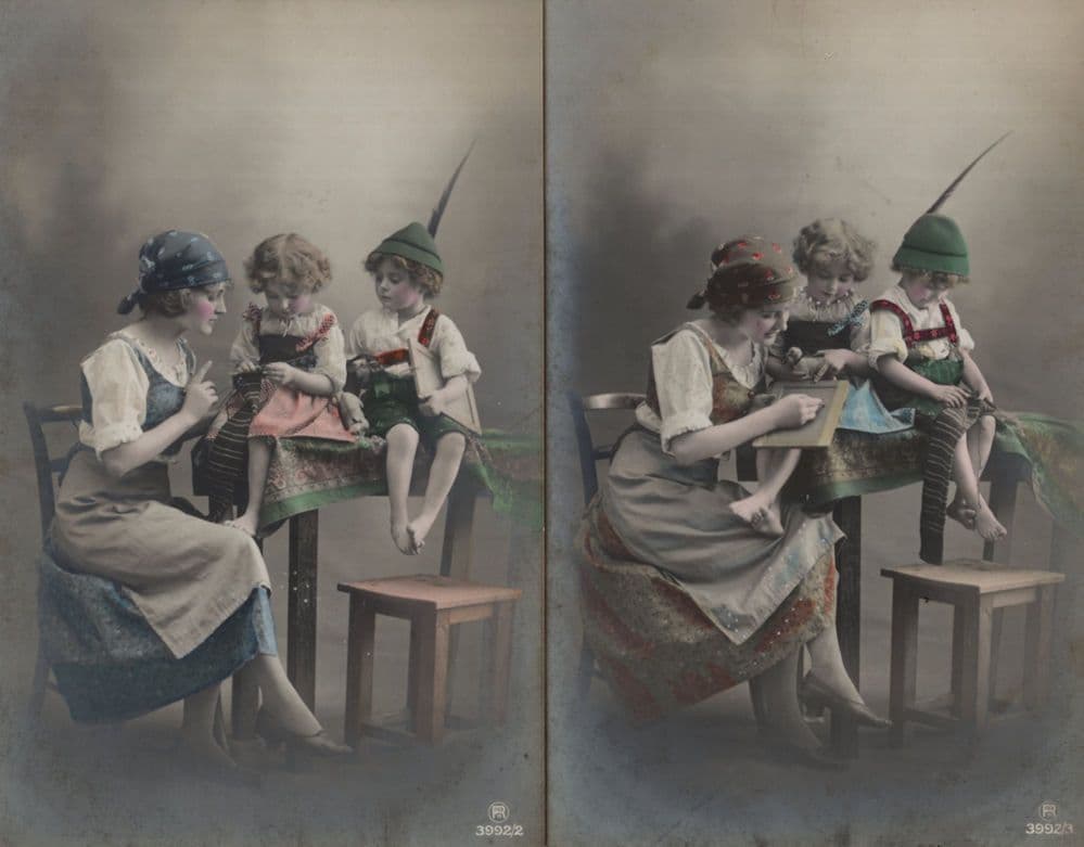 Children Dressed As Pixie Elf Gypsy Reading Sewing 2x Old Postcard s