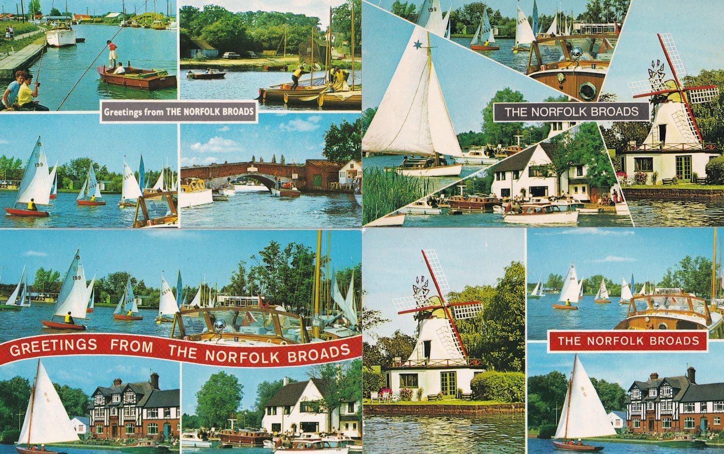 Children Fishing & Sailing On The Norfolk Broads White Sailing Boats 4x 1970s Postcard s