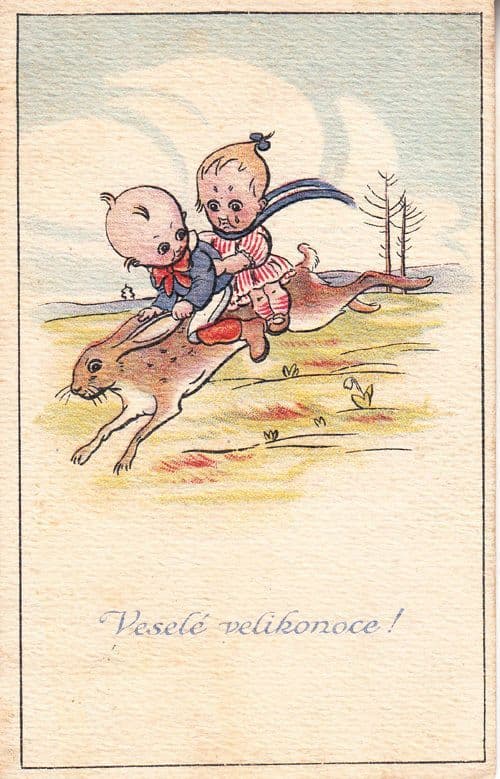 Children On Jumping Race Racing Flying Rabbit Antique Comic Postcard