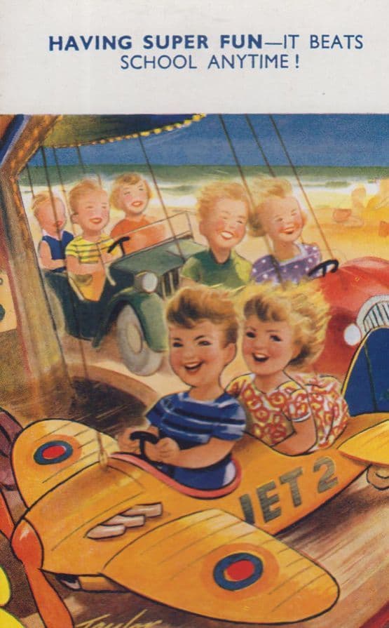 Children Vintage Glider Plane Fair Roundabout Sciving School Old Comic Postcard
