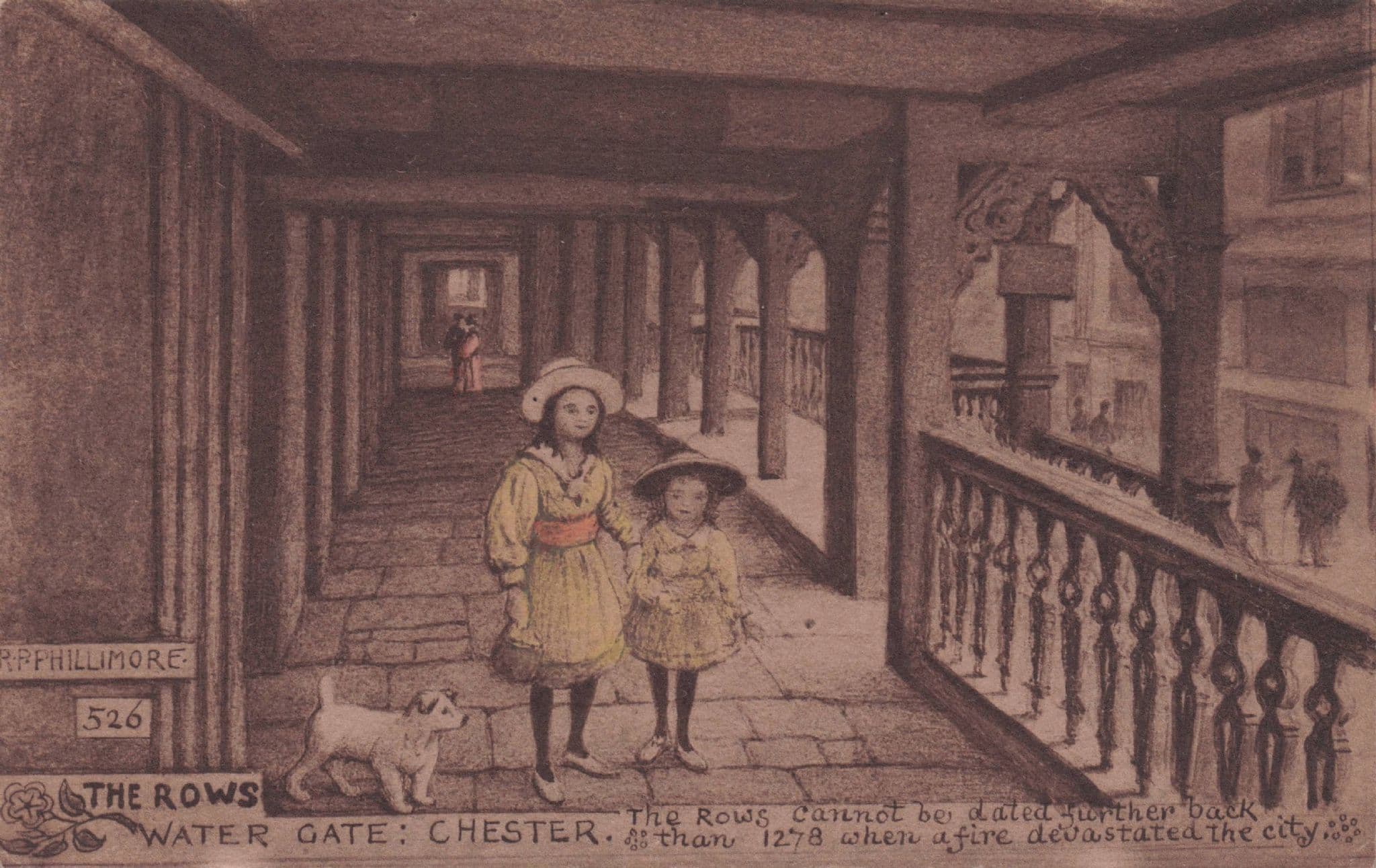 Children Walking A Dog at The Rows Chester Old Phillimore Postcard