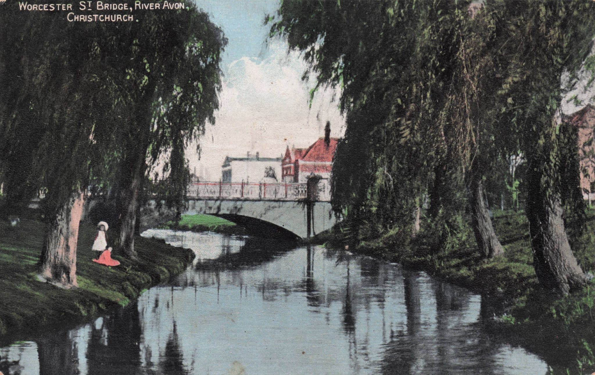 Children Worcester Bridge River Avon Christchurch New Zealand Postcard