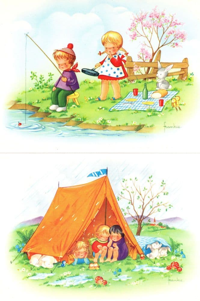 Childrens Cute Camping Fishing 2x Postcard s